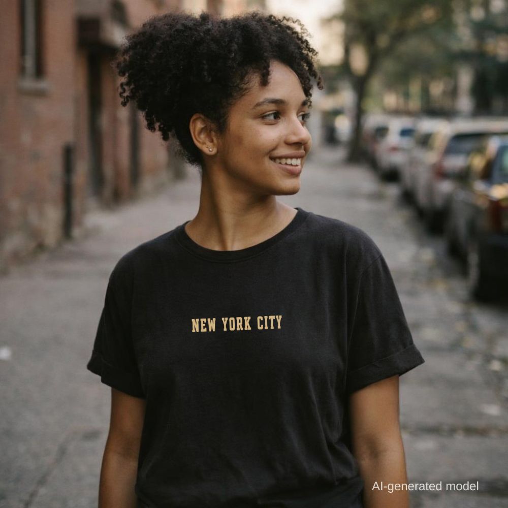 Woman wearing a black Comfort Colors t-shirt with 'New York City' text on a street.