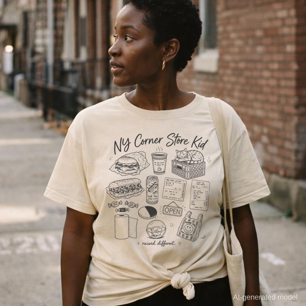 Woman wearing a Ivory Comfort Colors t-shirt with 'NY Corner Store Kid' text and images on a gray surface with denim jacket and map on a NYC street.