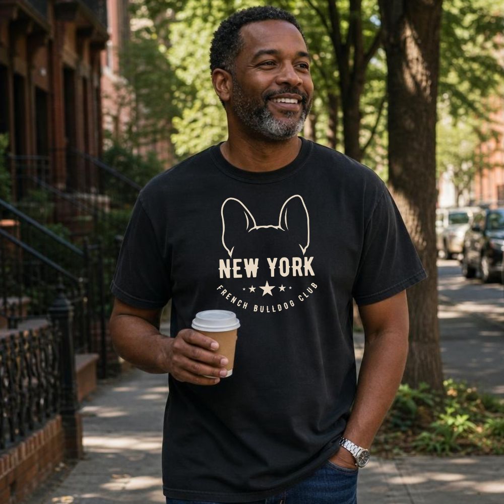 Man wearing a black Comfort Colors t-shirt featuring a New York French Bulldog Club graphic with bold text, outlined French bulldog ears, stars, and a minimalist black design, holding a coffee cup outdoors.