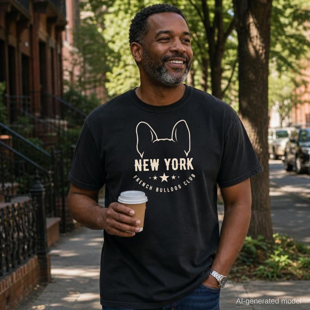 Man wearing a black Comfort Colors t-shirt featuring a New York French Bulldog Club graphic with bold text, outlined French bulldog ears, stars, and a minimalist black design, holding a coffee cup outdoors.