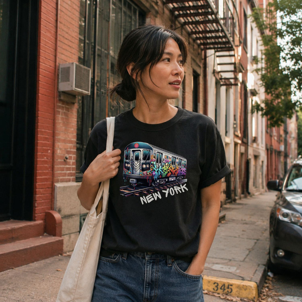 Woman wearing a Black t-shirt with a colorful train graphic and 'New York' text, standing on a city street.