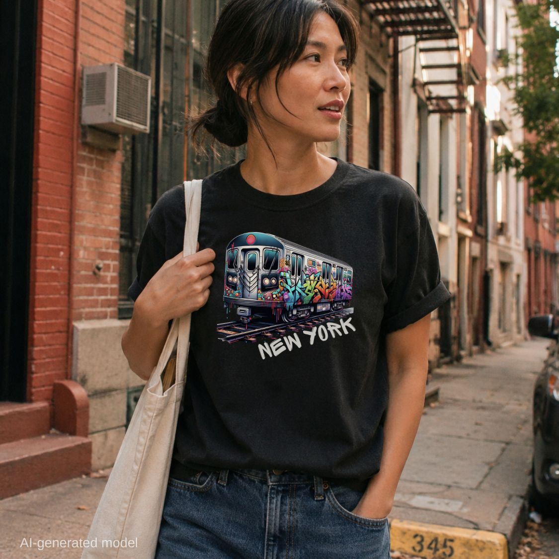 Woman wearing a Black t-shirt with a colorful train graphic and 'New York' text, standing on a city street.