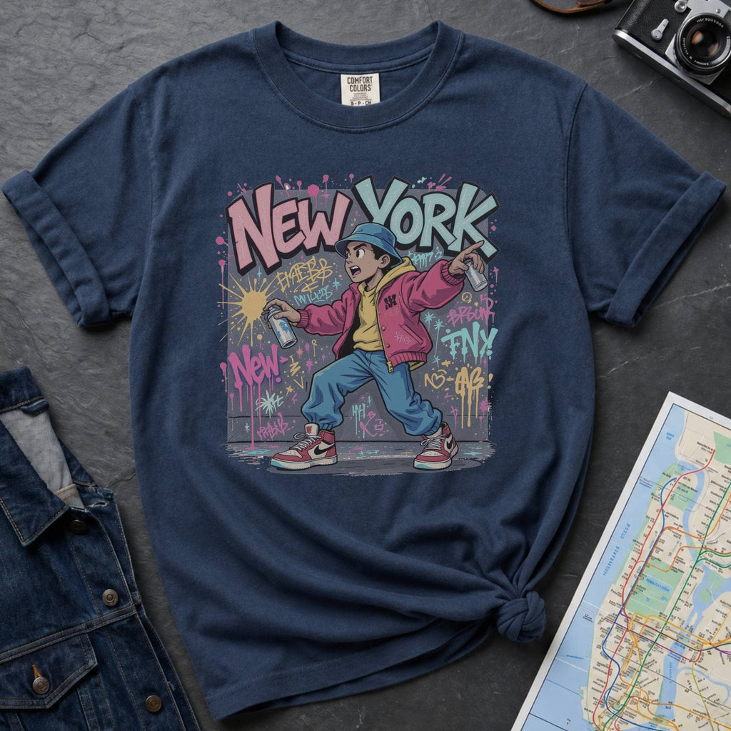 Navy Comfort Colors t-shirt featuring a colorful NYC graffiti-style New York graphic with a young street artist holding a spray paint can