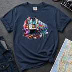 Navy Comfort Colors t-shirt featuring a colorful NYC subway train graphic with graffiti-style paint details and bright street art accents.