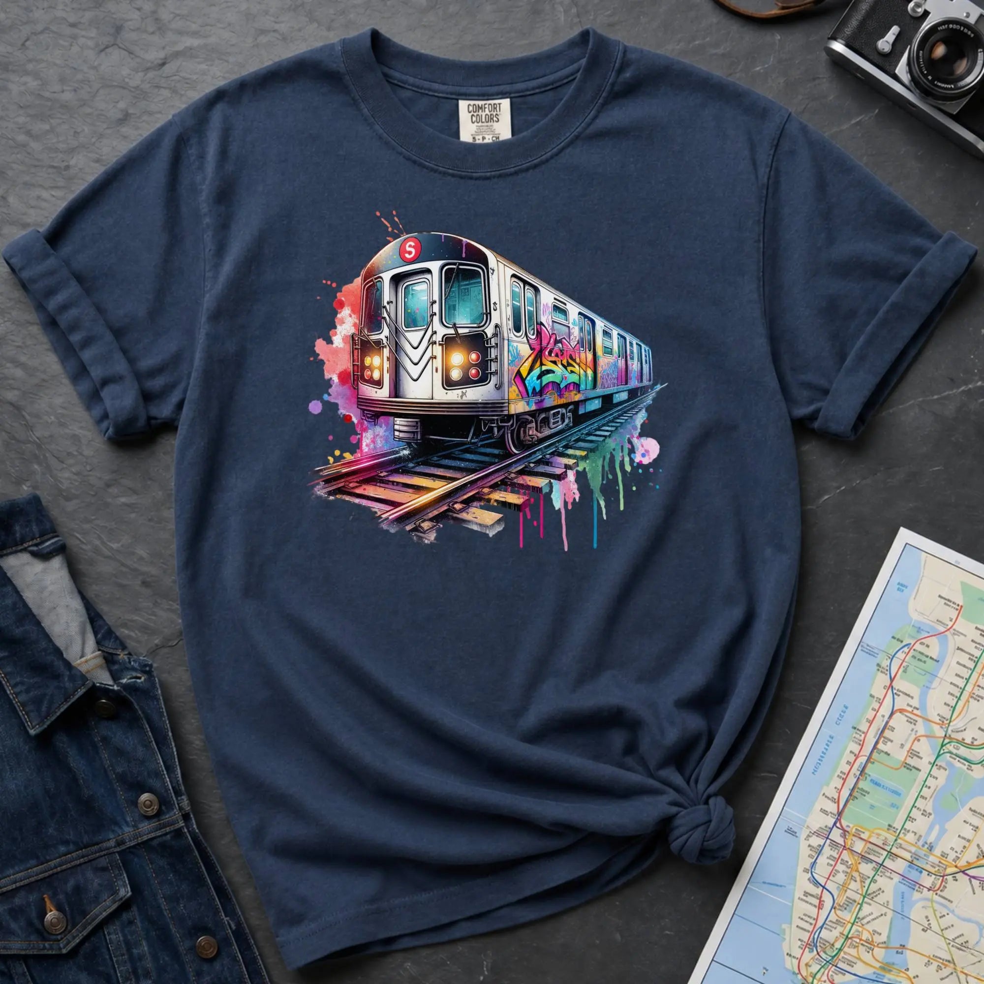 Navy Comfort Colors t-shirt featuring a colorful NYC subway train graphic with graffiti-style paint details and bright street art accents.