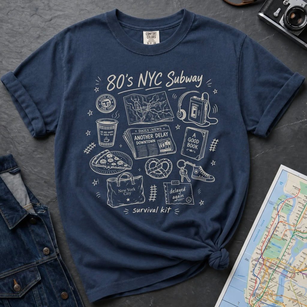 Navy t-shirt with '80s NYC Subway Survival Kit' graphic on a dark surface with a map and jeans.