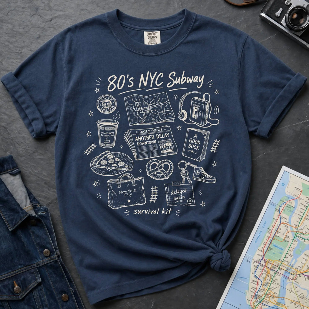 Navy t-shirt with '80s NYC Subway Survival Kit' graphic design on a dark surface with a map and denim jacket.