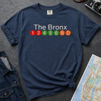 NavyComfort Colors t-shirt featuring a minimalist Bronx subway line graphic with The Bronx text and colorful NYC train icons.