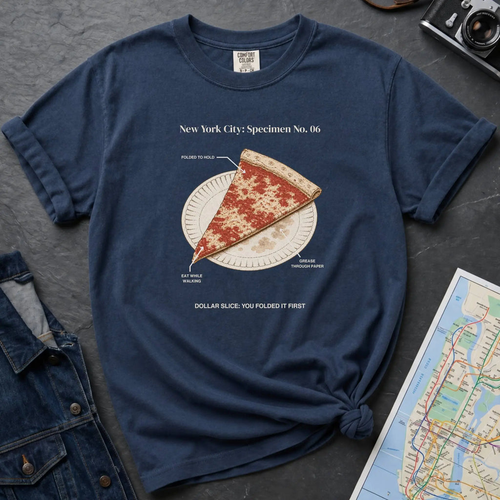 Navy Comfort Colors t-shirt featuring a vintage New York City dollar slice pizza graphic with specimen-style callouts and a folded slice on a paper plate.