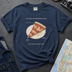 Navy Comfort Colors t-shirt featuring a vintage New York City dollar slice pizza graphic with specimen-style callouts and a folded slice on a paper plate.