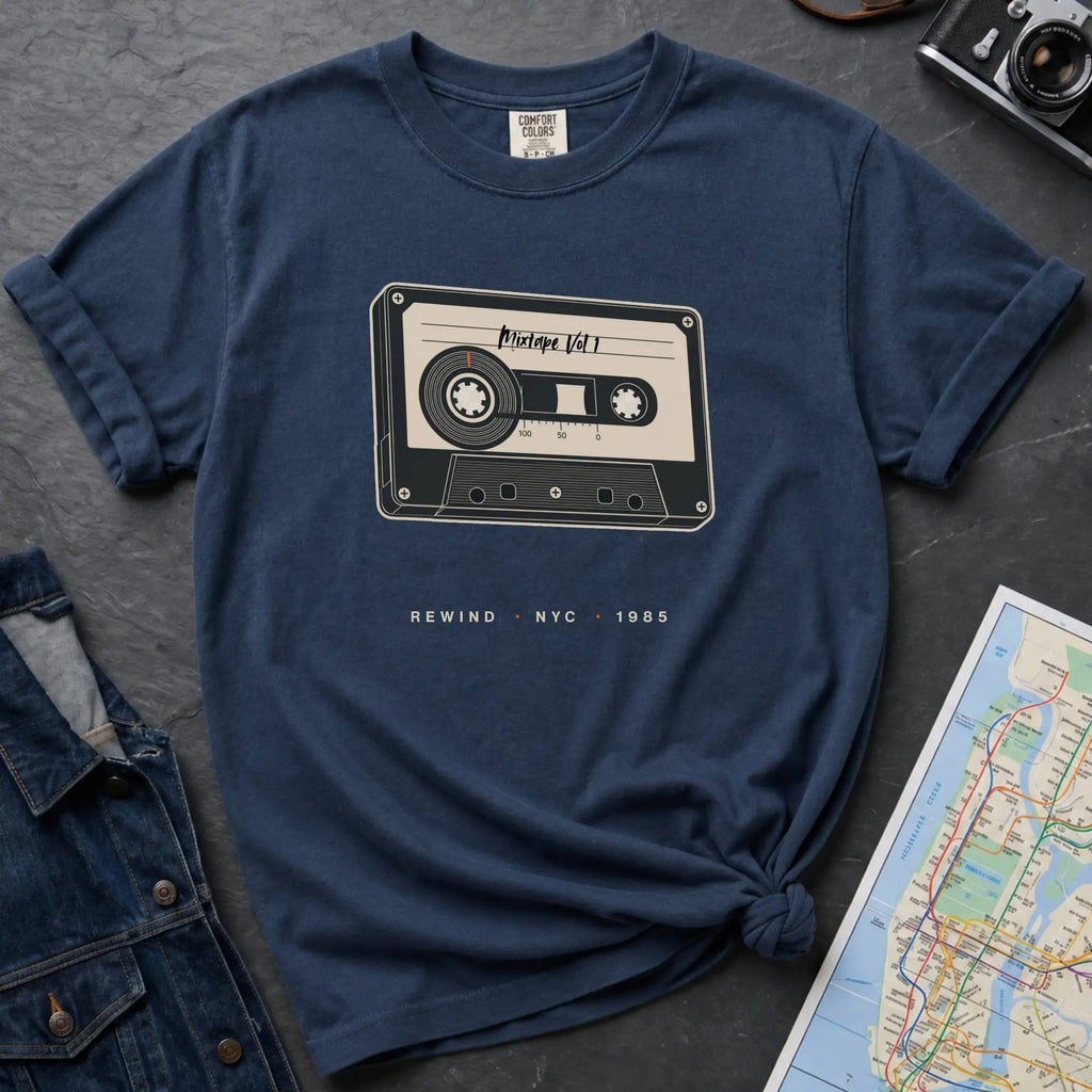 Navy t-shirt with cassette tape graphic and text on a gray surface with denim jacket and map.