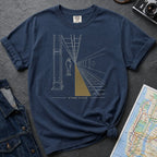 Navy Comfort Colors t-shirt featuring a minimalist NYC subway platform graphic with a lone figure, train tracks, and “Stand Clear” text.