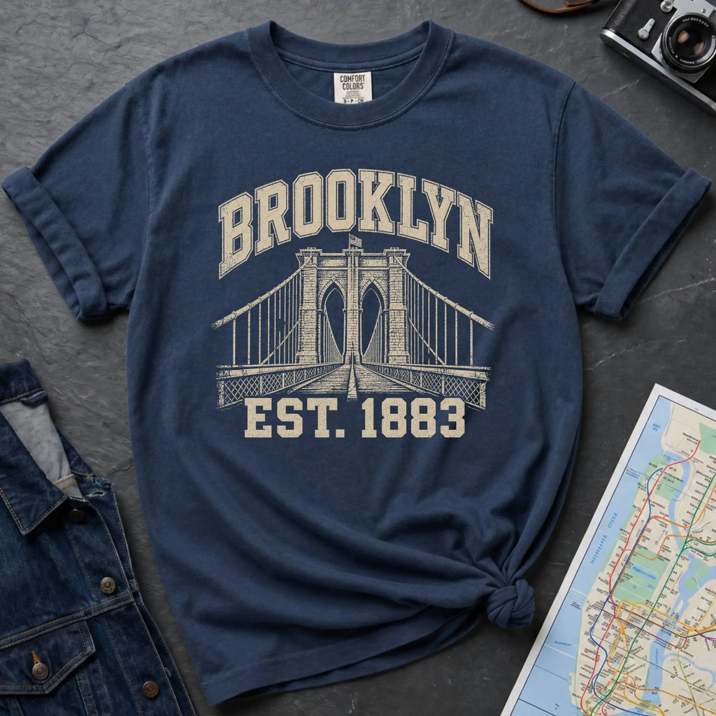 Navy Comfort Colors t-shirt featuring a vintage Brooklyn Bridge graphic with bold Brooklyn text and “Est. 1883” lettering.
