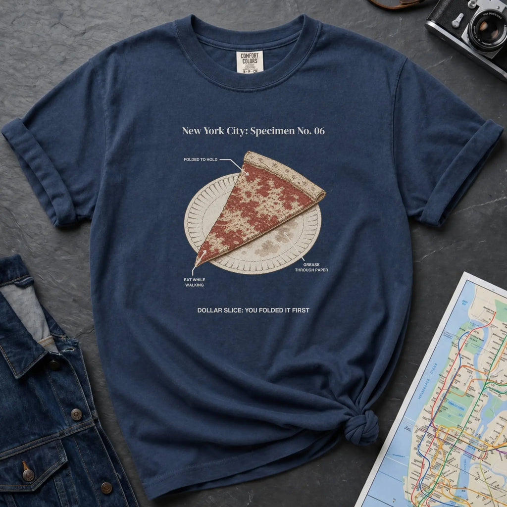 Navy Comfort Colors t-shirt featuring a vintage New York City dollar slice pizza graphic with specimen-style callouts and a folded slice on a paper plate.