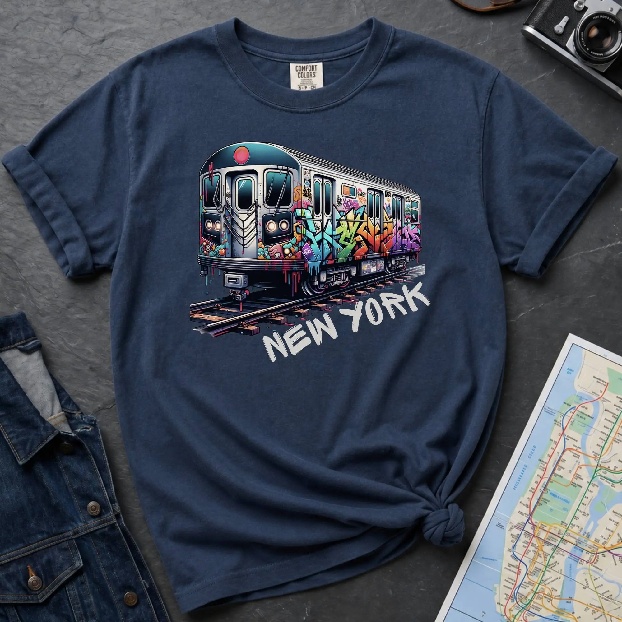 Navy t-shirt with a colorful train graphic and 'New York' text on a gray surface with a map and denim jacket.