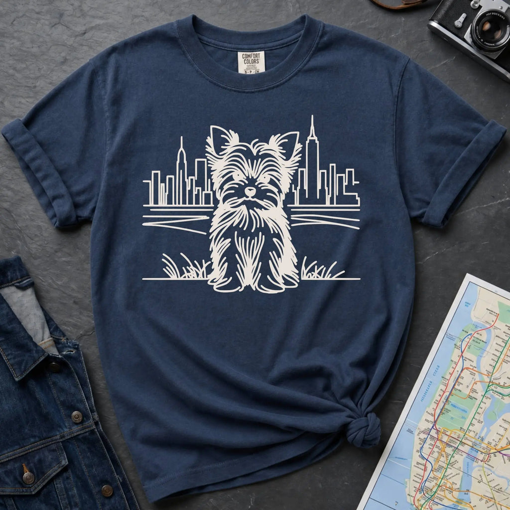 Navy Comfort Colors t-shirt featuring a minimalist Yorkshire Terrier (Yorkie) illustration in front of the New York City skyline.