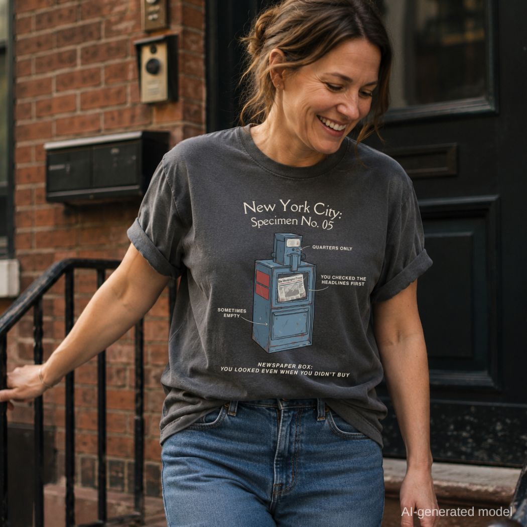 Woman wearing a Pepper colored Comfort Colors t-shirt with a graphic design of a newspaper box in New York City.