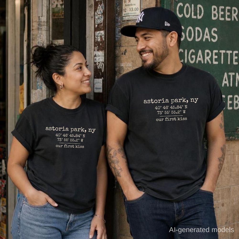 Two people wearing black Comfort Colors t-shirts with coordinates and the text 'our first kiss', standing in front of a store.