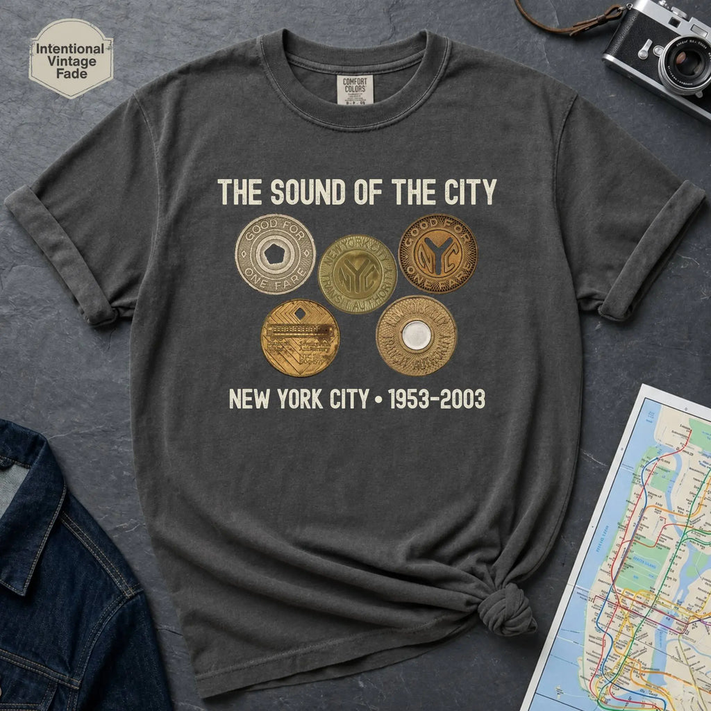 Pepper colored Comfort Colors t-shirt featuring vintage New York City subway tokens with “The Sound of the City” and “New York City • 1953–2003” text.