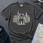 Pepper colored Comfort Colors t-shirt featuring a minimalist Shiba Inu graphic in front of the New York City skyline.