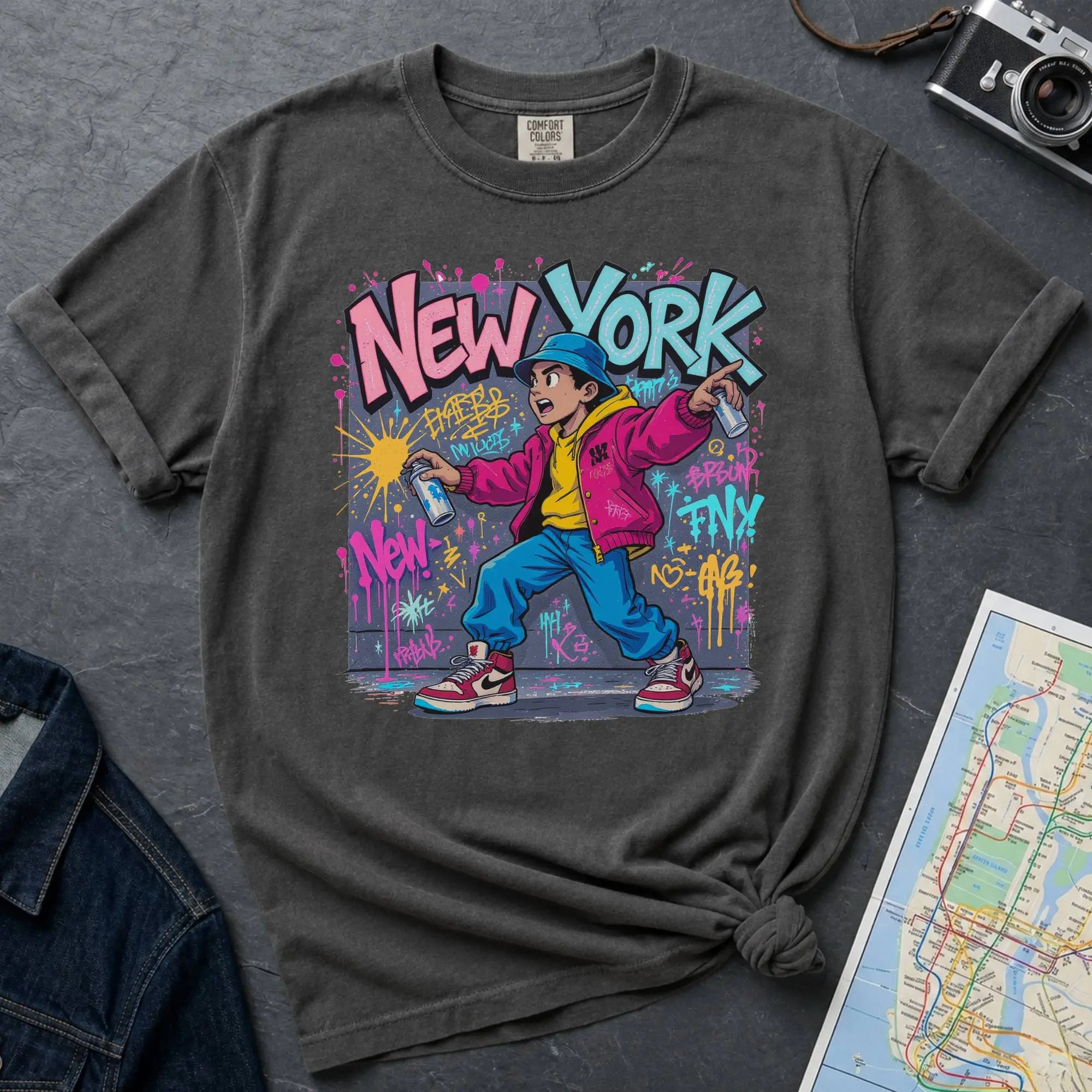 Pepper colored Comfort Colors t-shirt featuring a colorful NYC graffiti-style New York graphic with a young street artist holding a spray paint can
