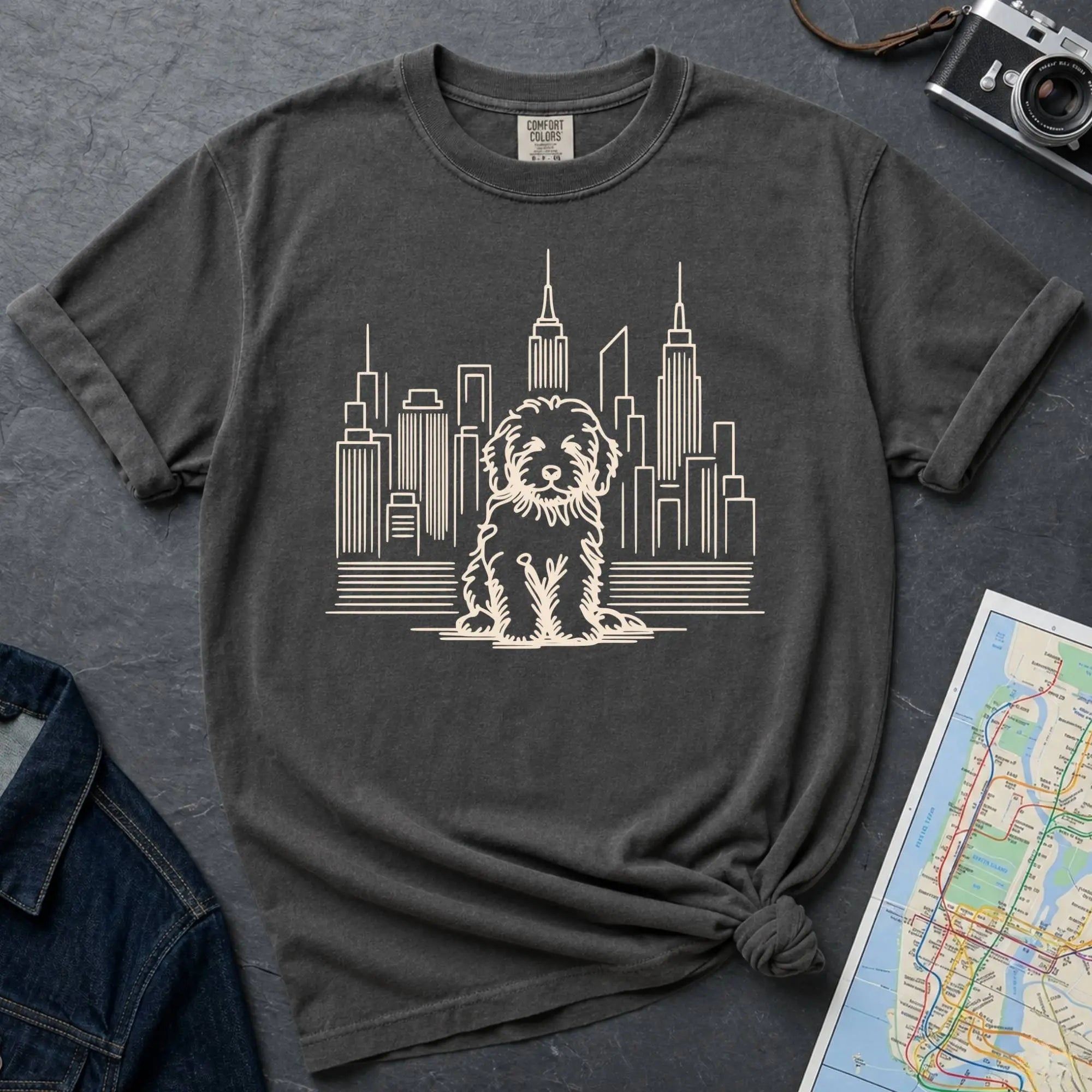 Pepper colored t-shirt with a Golden Doodle and cityscape design on a dark surface with a map and camera.