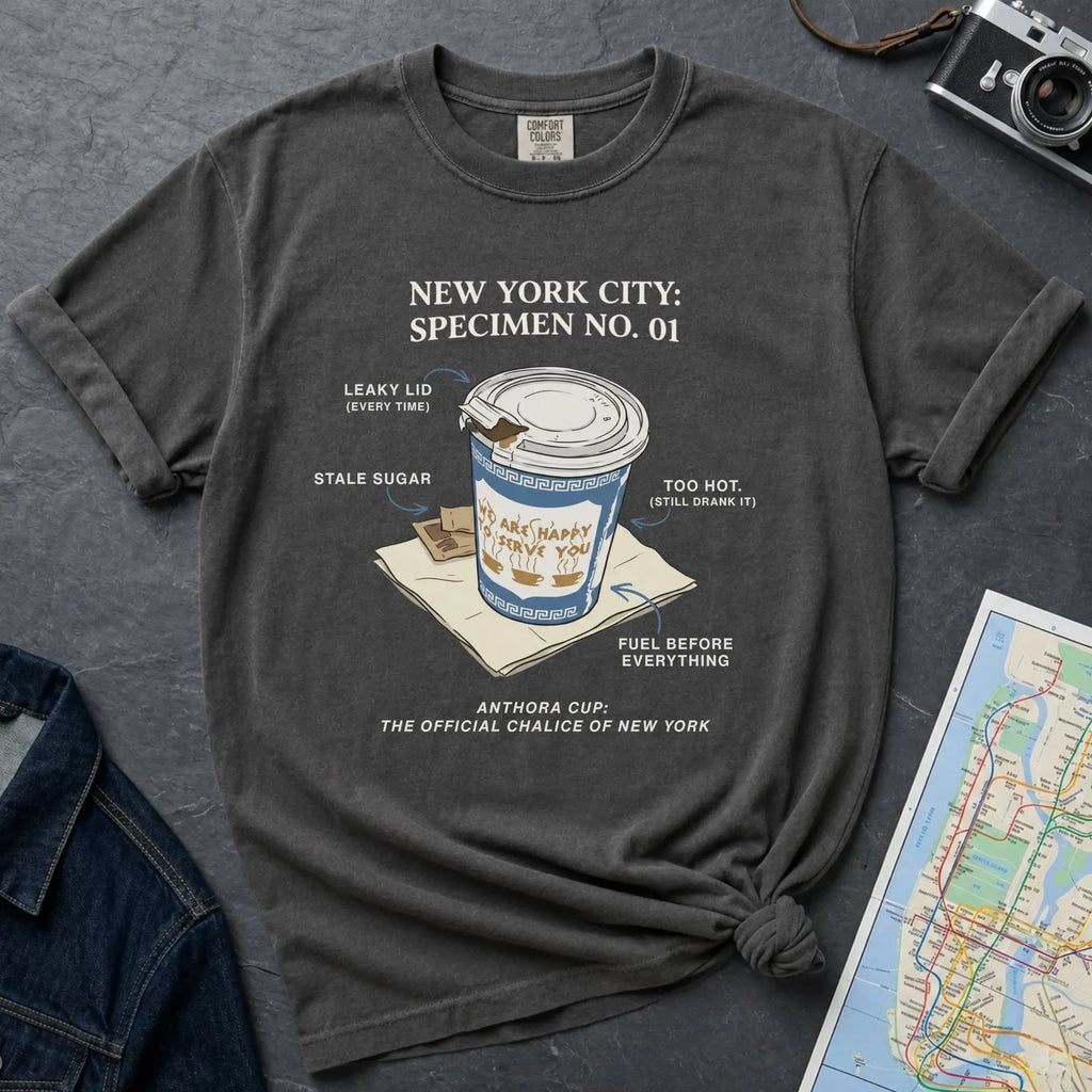 Pepper colored t-shirt with New York City coffee cup graphic on a textured surface with map and camera.