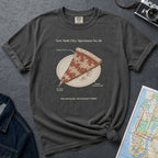 Pepper colored Comfort Colors t-shirt featuring a vintage New York City dollar slice pizza graphic with specimen-style callouts and a folded slice on a paper plate.