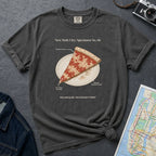 Pepper colored Comfort Colors t-shirt featuring a vintage New York City dollar slice pizza graphic with specimen-style callouts and a folded slice on a paper plate.