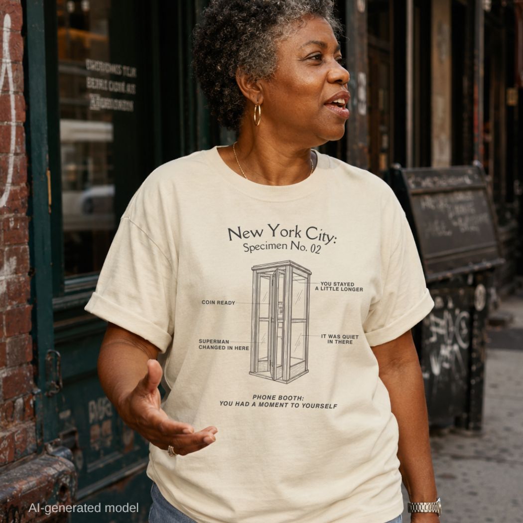 Woman wearing an ivory colored Comfort Colors t-shirt with text and a vintage phone booth design, standing on a street.