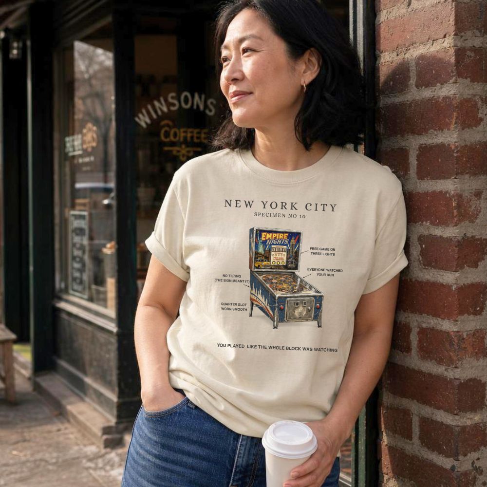 Woman wearing an Ivory Comfort Colors t-shirt with pinball machine graphic and text , standing outside a building.