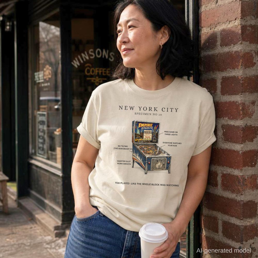 Woman wearing an Ivory Comfort Colors t-shirt with pinball machine graphic and text , standing outside a building.