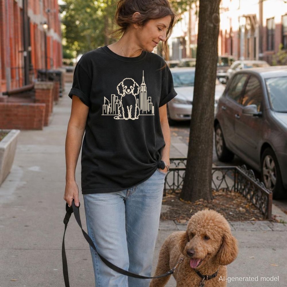 Woman walking a Poodle on a city street wearing a black Comfort Colors t-shirt with a Poodle and cityscape design.