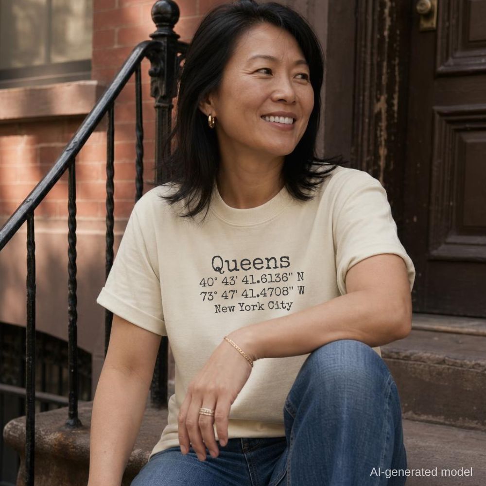 Woman wearing an Ivory Comfort Colors 'Queens' t-shirt with coordinates, sitting on a stoop.