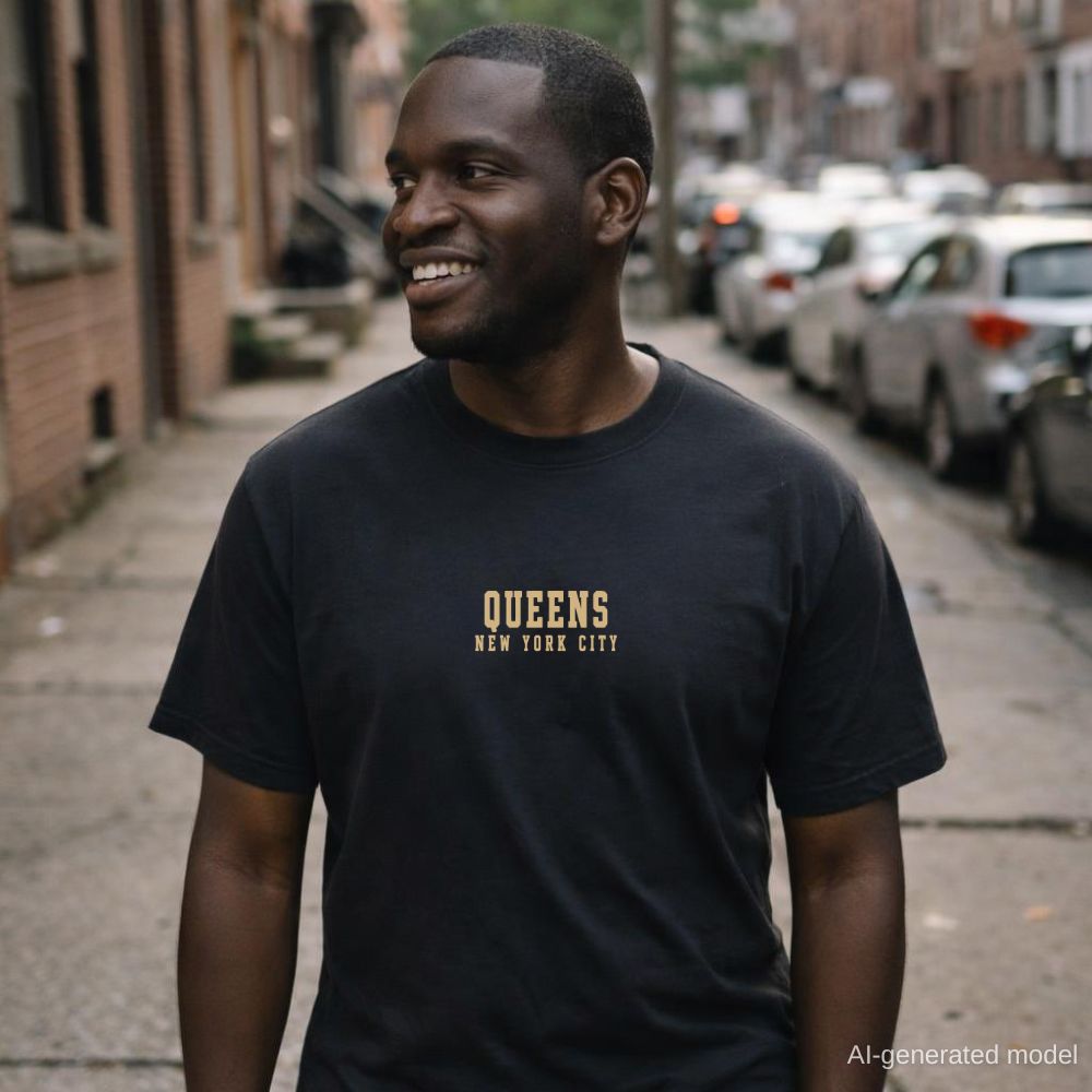 Man wearing a black Comfort Colors t-shirt with 'Queens New York City' text on a street.