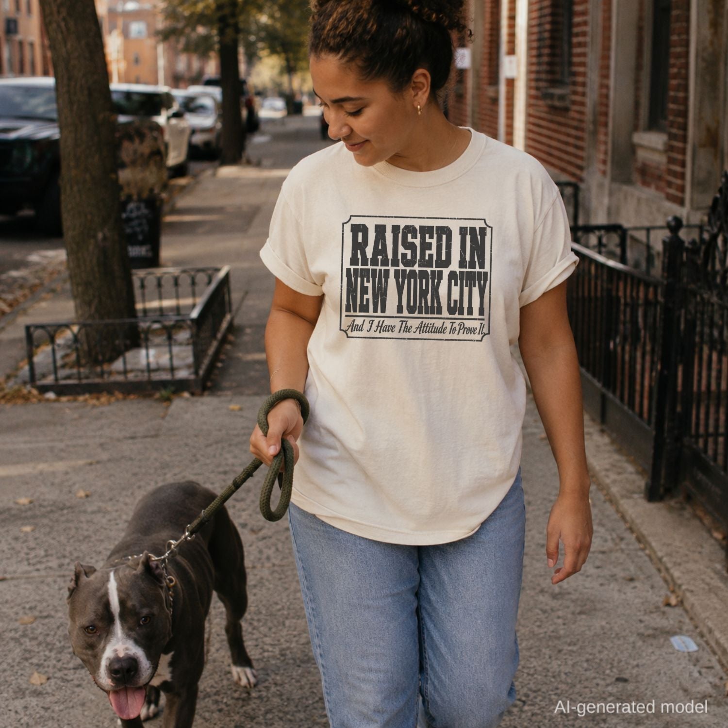 Woman walking a dog on a city street wearing a 'Raised in New York City' t-shirt.