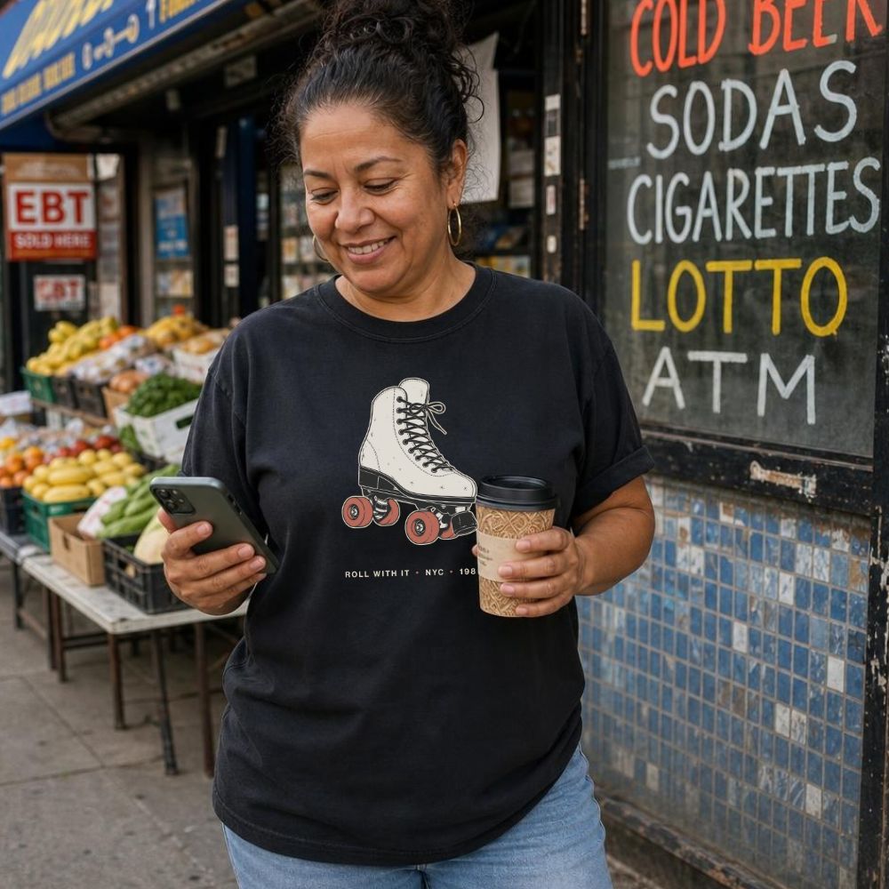 Woman holding a phone and coffee cup in front of a store with a sign for lottery and ATM wearing a black Comfort Colors t-shirt featuring a vintage roller skate graphic with “Roll With It • NYC • 1988” text.