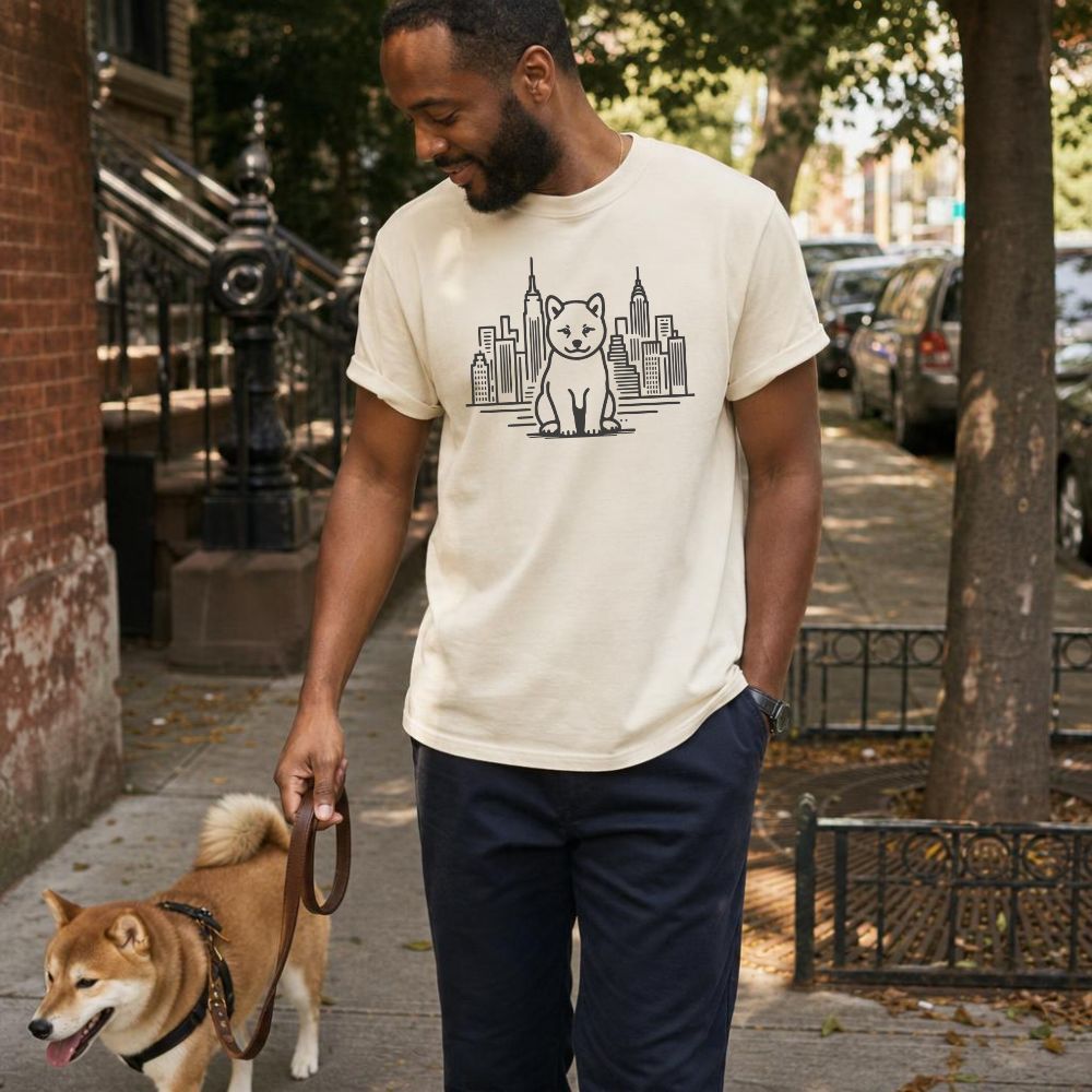 Man walking down a street with a Shiba Inu wearing an Ivory Colored Comfort Colors t-shirt featuring a minimalist Shiba Inu graphic in front of the New York City skyline. 