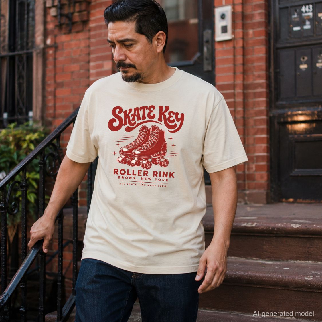 A man wearing an ivory Comfort Colors t-shirt with a red graphic print that reads 'Skate Key Roller Rink Bronx, New York' and features an illustration of roller skates, standing on brownstone steps.