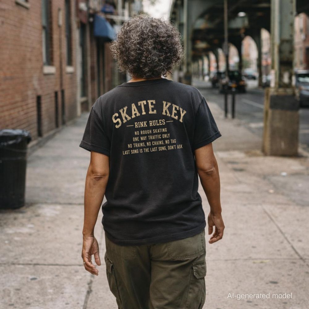 Woman wearing Black Comfort Colors t-shirt, back view, with Skate Key Rink Rules printed in distressed gold lettering. Rules read: No Rough Skating, One Way Traffic Only, No Trains No Chains No Tag, Last Song Is The Last Song Don't Ask as she walks down a street.
