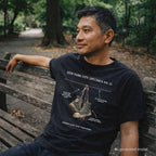 Man wearing a black Comfort Colors T-shirt with NYC sneakers on wire specimen front print, while sitting on a park bench in a city park.