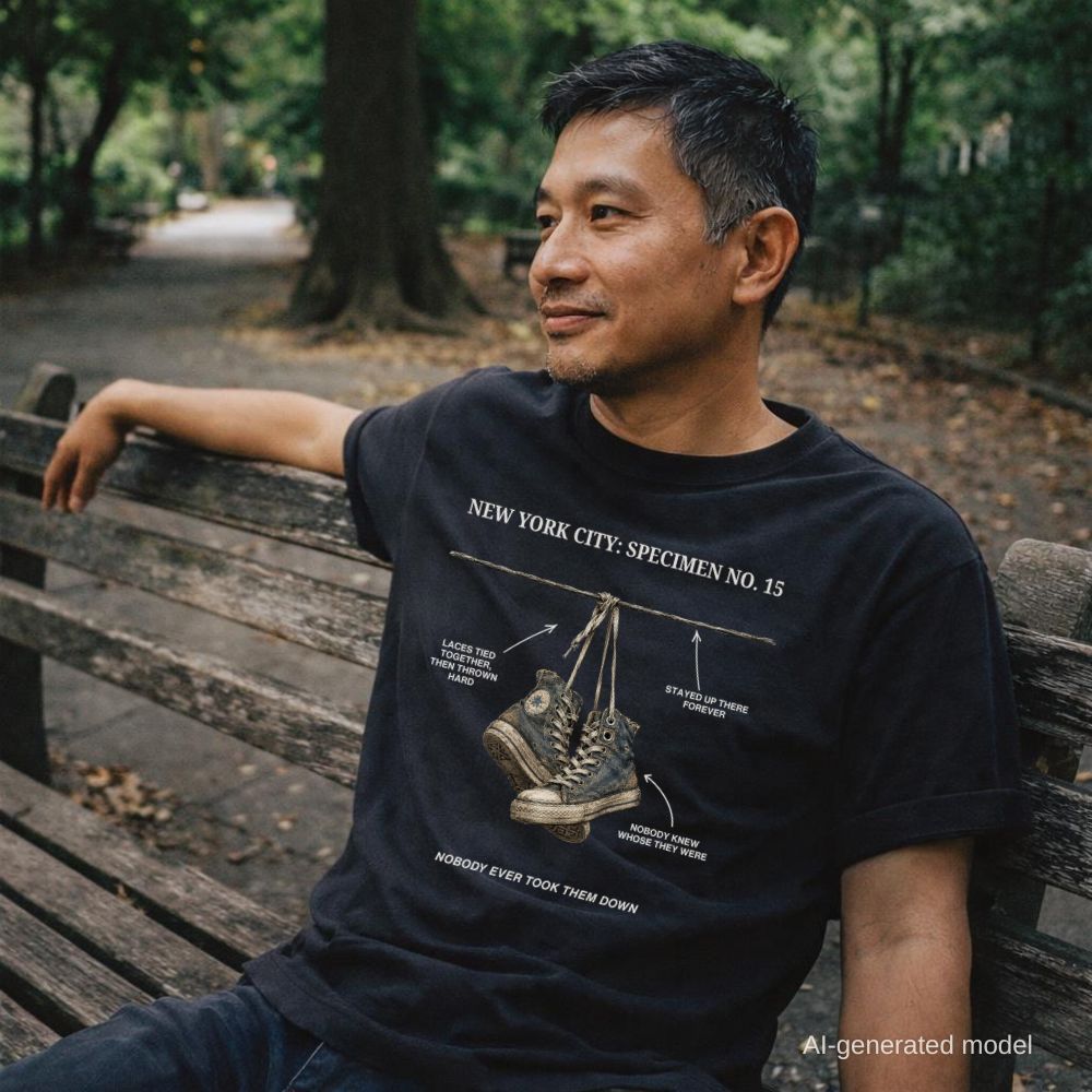 Man wearing a black Comfort Colors T-shirt with NYC sneakers on wire specimen front print, while sitting on a park bench in a city park.