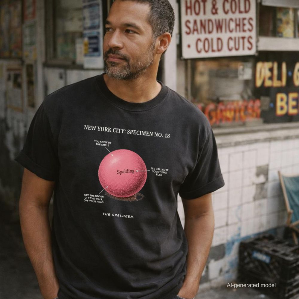 Man wearing a black Comfort Colors T-shirt with NYC Spaldeen specimen front print, while standing in front of a deli