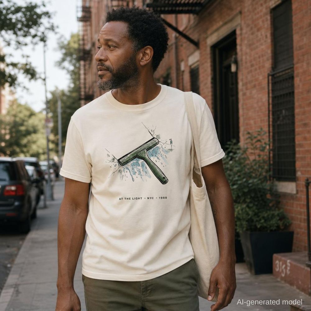 Man wearing an Ivory Comfort Colors t-shirt with graphic design of a squeegee and text on a city street.
