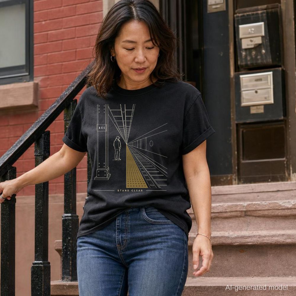 Woman wearing a black Comfort Colors t-shirt with a graphic design of a person on train tracks, standing on steps in an urban setting.