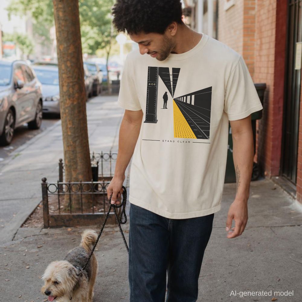 Man walking a dog on a city street wearing an Ivory Comfort Colors t-shirt with a graphic design of a person on train tracks.