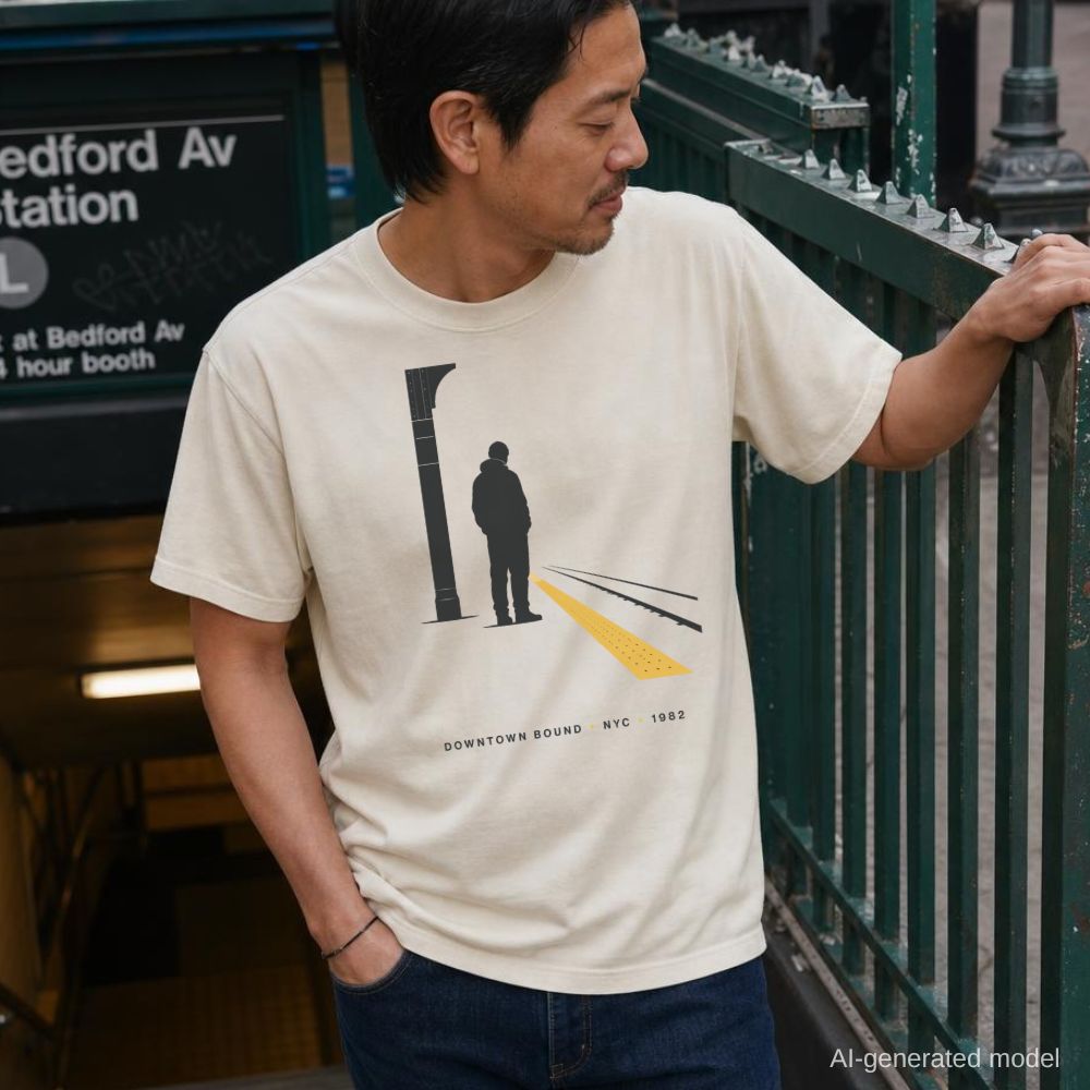 Man wearing an Ivory Comfort Colors t-shirt with a graphic design of a person on a train platform, standing near at a subway entrance.