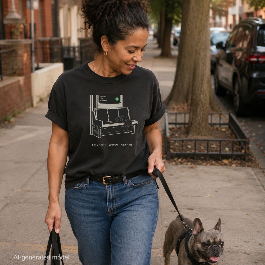 Woman walking a dog on a leash in an urban setting, wearing a Black t-shirt with a graphic design of a train seat and text.