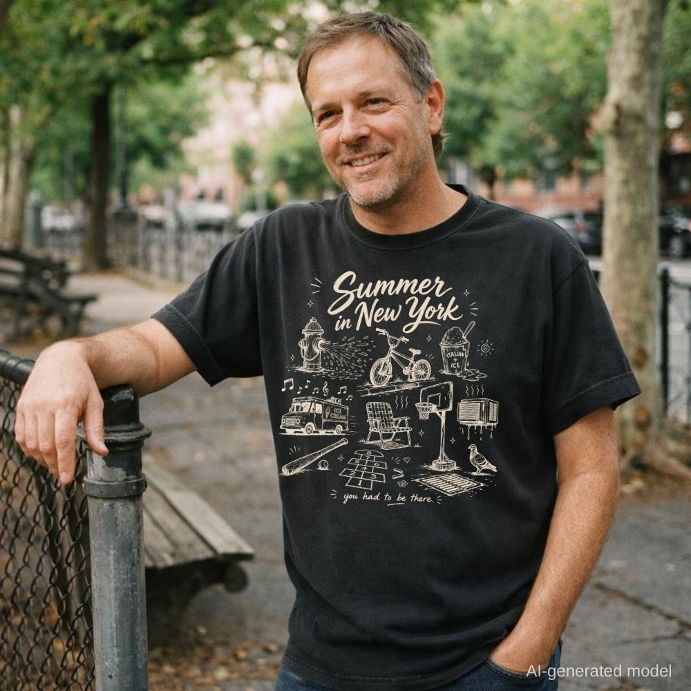 Man wearing a black Comfort Colors t-shirt with 'Summer in New York' design, standing outdoors.