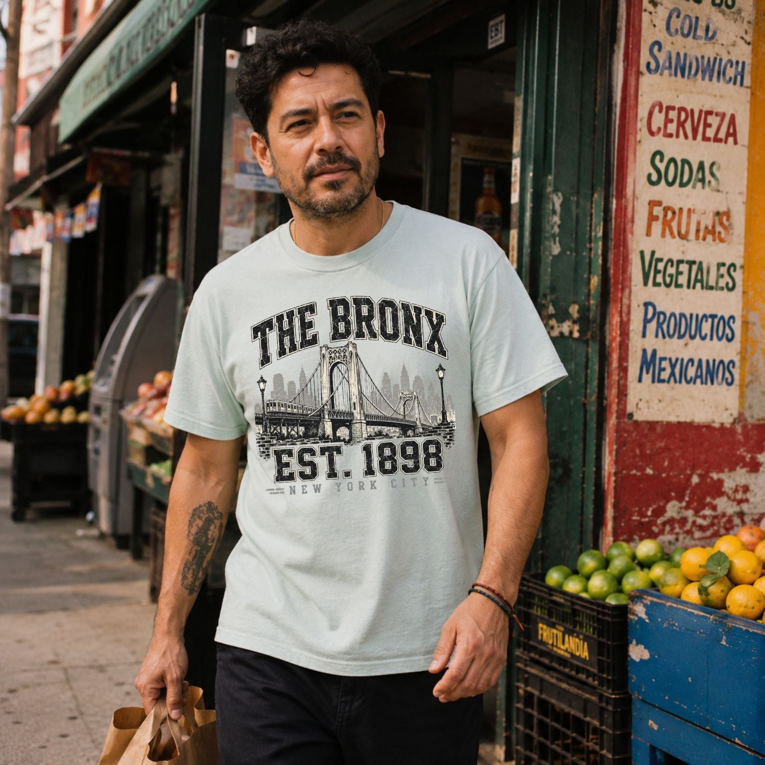 Man wearing a 'The Bronx Est. 1898' t-shirt standing in front of a fruit stand.